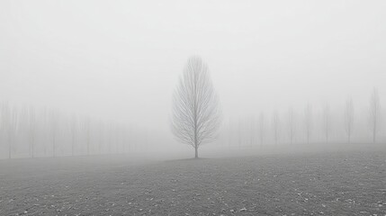 Poster - Foggy Landscape With a Solitary Tree Surrounded by Mist at Dawn