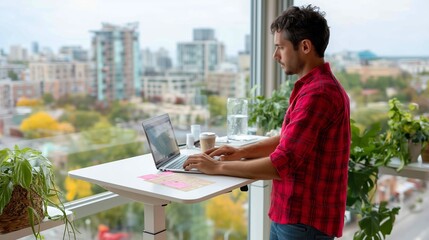 Poster - Busy professional working at a standing desk with a city view on a cloudy day