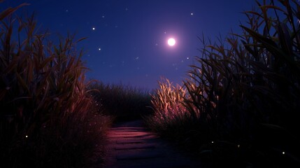 Poster - Pathway illuminated by moonlight among tall grass at night, creating a serene atmosphere and inviting exploration