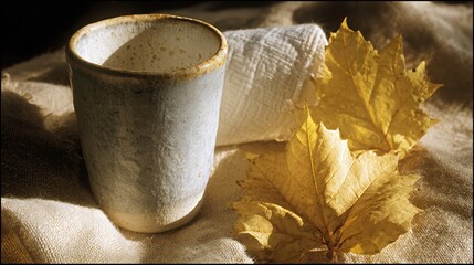 Poster - Weathered Ceramic Cup on Linen Cloth Beside a Fallen Leaf in Soft Side Lighting