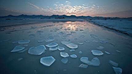 Poster - Frozen Tundra Landscape With Ice Floes Reflecting Soft Light During Twilight