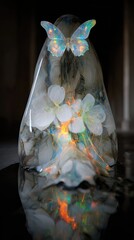 Poster - Holographic Metamorphosis of Flowers and Butterfly Resting Atop a Captivating Display