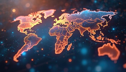 Poster - Digital map of world with network connections. Concept of global business, technology, communication. Analysis exchange customer service info. Teamwork, strategy, technology in society. Worldwide