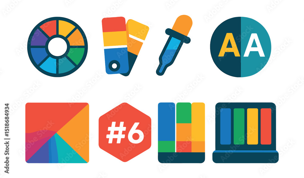 Flat vector icons of color and palette tools: color wheel icon, swatch ...