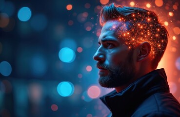 Fototapete - Portrait male face side view. Illuminated by glowing neon network nodes. Artificial intelligence concept. Network connection in human brain. Modern digital technology. Futuristic, cybernetic,