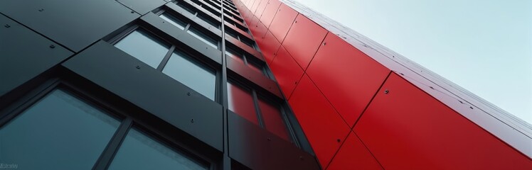 Poster - Modern architectural building with black and red facade. Perspective view up. Corporate office skyscraper design concept. Minimalist modern building exterior. Stylish, urban, geometric construction.