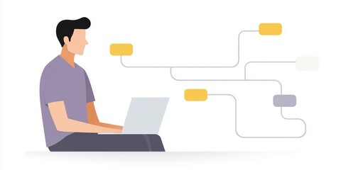 Poster - Young man working on laptop, engaged in creative brainstorming, with colorful flowchart elements surrounding him, illustrating the concept of digital collaboration and idea generation