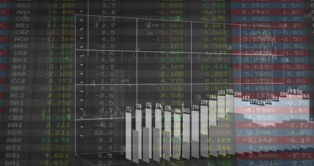Poster - Animating data scroll, forming 3D grid and showing bars growing then receding for finance analysis