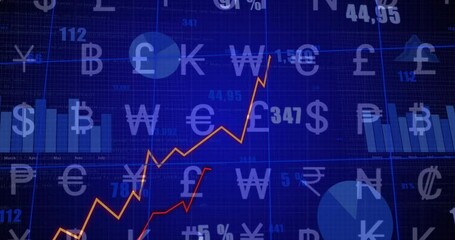 Poster - Bar chart appearing on blue grid starting orange red green lines climbing updating financial values