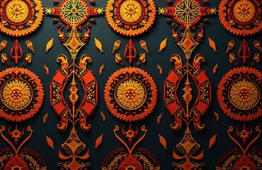 Poster - African Ivorian seamless pattern. Tribal design with geometric elements, floral orange navy shapes. Illustration texture background. Traditional textile art style, decor for wallpaper, fabric prints.