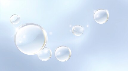 Poster - Transparent water bubbles floating in a soft blue background creating a serene and calming atmosphere for design and creative projects