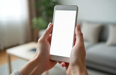Poster - Woman hands holding smartphone blank white screen. Digital device mockup, modern mobile phone. Smartphone user interface, app display. Digital tech, communication, social media. Mockup for