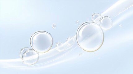 Poster - Transparent bubbles floating gracefully on a soft blue background with gentle curves and light reflections creating a serene and calming atmosphere