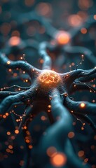 Poster - Intricate neural network with glowing nodes. Conceptual image of brain cell, synaptic connections, data transfer. Modern tech, ai concept. Digital art, macro shot of nerve cells.