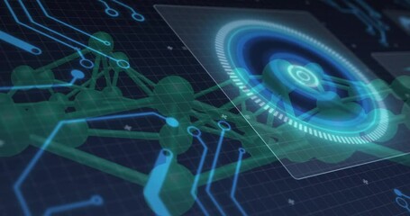 Poster - Blue HUD fading above green network rotating rings cyan lines emanating visualizing data flow