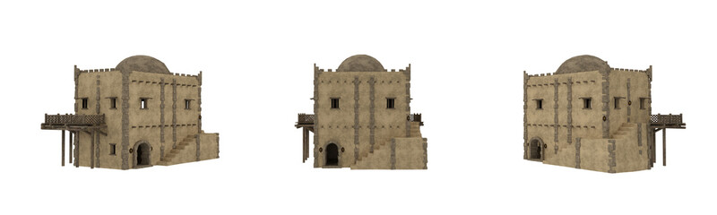 Poster - Arabian style stone house with wooden balcony. 3D rendered illustration.