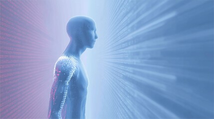 Poster - Futuristic humanoid figure composed of digital elements stands in a vibrant environment, illuminated by colorful light beams, representing the intersection of technology and humanity