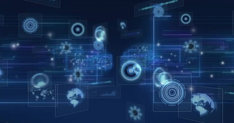 Poster - Fading wireframe panels initiating data dots streaming, emerging circles forming digital dashboard