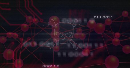 Poster - Upon dark frame opening red spheres forming network with binary digits scrolling showing intrusion