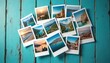 © Viktor - Heap of travel photos on azure wood background. Beach, tropical landscape, sea, resort, island destinations and tourism. Collection of vacation memories arranged on azure wooden texture.