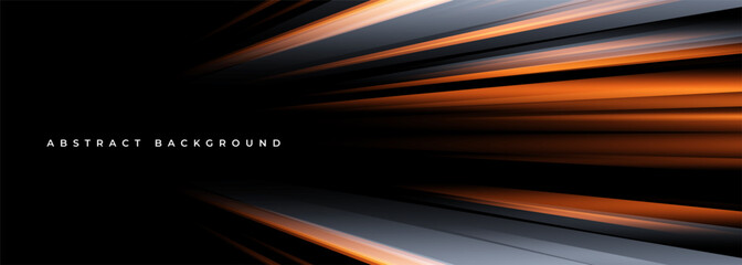 Poster - Black abstract wide background with orange and gray glowing high-speed light effect. Vector illustration banner design.