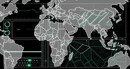 Poster - Faint map outline appearing triggers gauges updating, bars sweeping to show global data trends