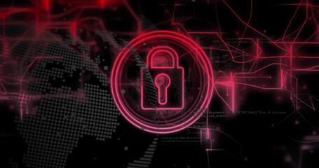 Poster - After frame fading, rotating globe revealing red circuits forming padlock ring conveying security