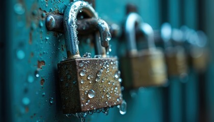 Poster - Macro photo padlocks with water drops. Raindrops cascade over rusty metal padlocks on vintage blue painted door. Digital security concept, water drops on lock.