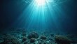 © Viktor - Deep blue ocean depths with sunlight rays penetrating water. Coral reef at seabed, creating underwater scene. Fantasy concept for travel, ecology, marine life. Digital art, nature, design, wallpaper,