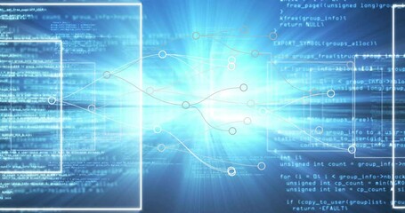 Poster - White frames appearing, network connecting nodes, code scrolling and glow pulsing for data flow