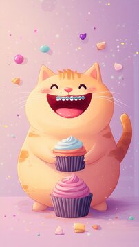 Full-body chubby cat with cupcakes and braces, happy atmosphere and pastel purple background. generative ai