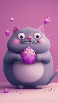 Full-body chubby cat with cupcakes and braces, happy atmosphere and pastel purple background. generative ai