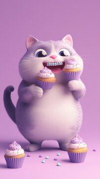 Full-body chubby cat with cupcakes and braces, happy atmosphere and pastel purple background. generative ai