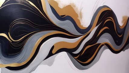 Poster - Elegant abstract painting with black, gray, white, and gold fluid shapes flowing together