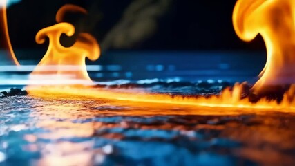 Poster - Spectacular view of orange flames dancing on a rippling water surface with reflections in dark blue atmosphere in slow motion.