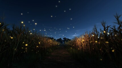 Poster - Magical twilight pathway illuminated by fireflies in a cornfield at dusk