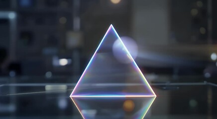 Poster - Geometric prism: A glowing geometric prism levitates on a reflective surface with subtle background, evoking a sense of futurism, abstraction and modernity.