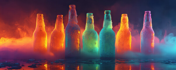 Poster - Frosty bottles in vibrant neon lights create colorful and atmospheric scene