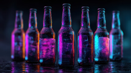 Poster - Chilled glass bottles with neon lights create vibrant and refreshing atmosphere