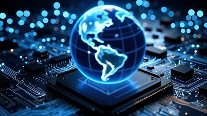 Poster - Global digital network concept showcases illuminated earth globe above circuit board with abstract technology and blue light trails backdrop.