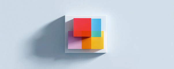 Poster - Colorful geometric shapes atop white square, casting shadows. Abstract composition. Modern, clean design. Ideal for backgrounds, presentations, and creative projects.