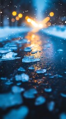 Wall Mural - ice chunks shine upon the dark road as blurred lights brighten winter evening