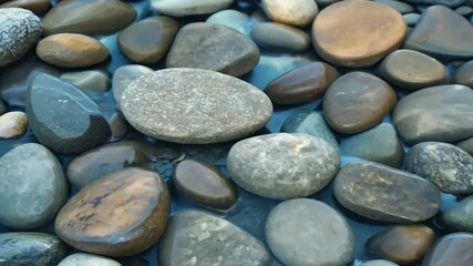 Poster - Smooth river stones and pebbles of various textures create serene landscape, reflecting calm waters and enhancing beauty of nature in this tranquil outdoor scene.