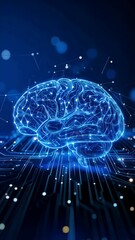 Poster - Digital depiction of a human brain, blue glowing neural network connections and pathways, artificial intelligence and machine learning illustration.