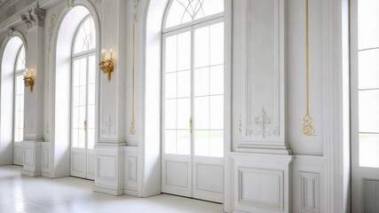 Poster - Opulent Empty White Room with Ornate Plasterwork, Chandeliers, Arched Windows and Tiled Floor