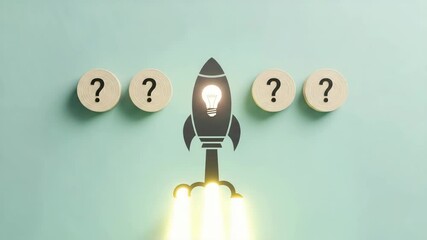 Poster - Rocket ship with lightbulb and question marks on light blue background flat lay concept image