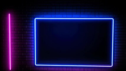 Poster - Neon rectangle frame with pink line glowing against brick wall, providing space for text or product placement.