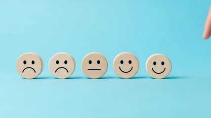 Poster - Hand selecting a smiling face emotion disc from a row of emotion discs on a blue background surface