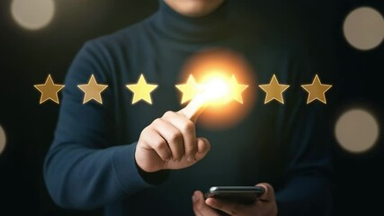 Poster - Person pointing at glowing star with mobile phone and star rating system in the background