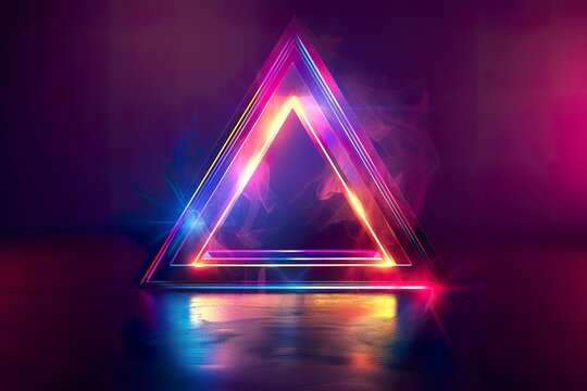 Group of glowing neon triangles with sharp angles and dynamic gradients, isolated on black background, technology concept. Triangular light frame border. Useful for banners, icons, labels 